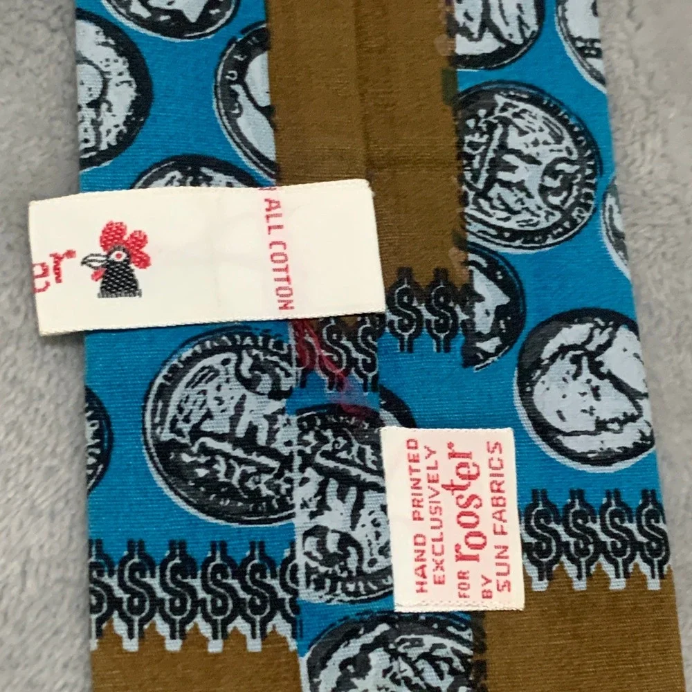 Vintage Rooster Jacob Reeds Sons Cotton Tie Blue Brown Buffalo Nickel Coin Print